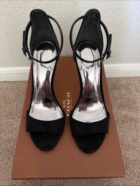 COACH Black Suede Ankle-Strap Open-Toe Heels with Crystal Band